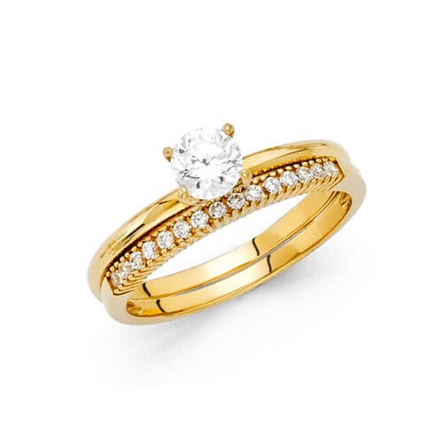 14K Yellow Gold Cubic Zirconia Engagement Ring and Wedding Band Set