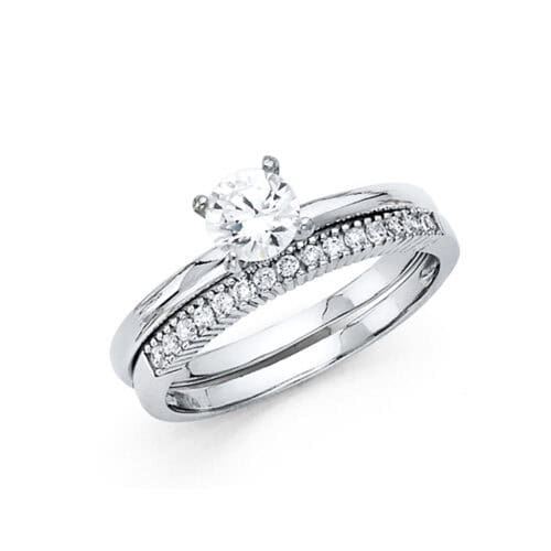 14K White Gold Cubic Zirconia Engagement Ring and Wedding Band Set