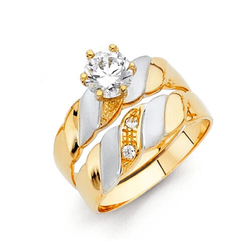 14K Two Tone Gold Cubic Zirconia Engagement Ring and Wedding Band Set