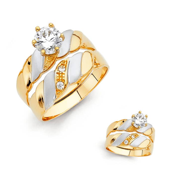 14K Two Tone Gold Cubic Zirconia Engagement Ring and Wedding Band Set - Image 3