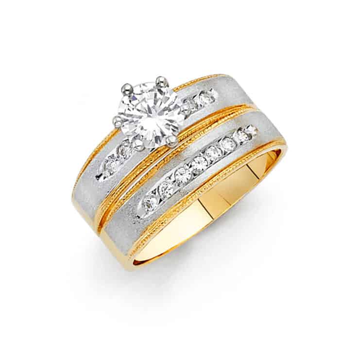 14K Two Tone Gold Cubic Zirconia Engagement Ring and Wedding Band Set