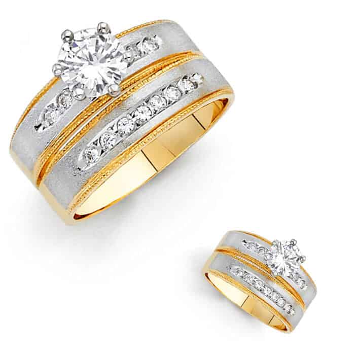 14K Two Tone Gold Cubic Zirconia Engagement Ring and Wedding Band Set - Image 3