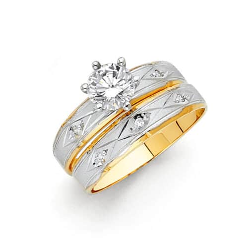 14K Two Tone Gold Cubic Zirconia Engagement Ring and Wedding Band Set