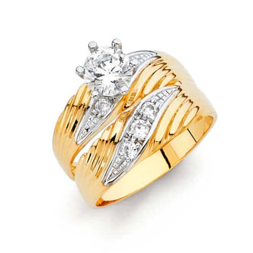 14K Two Tone Gold Cubic Zirconia Engagement Ring and Wedding Band Set