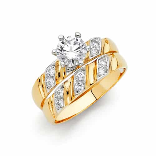 14K Two Tone Gold Cubic Zirconia Engagement Ring and Wedding Band Set