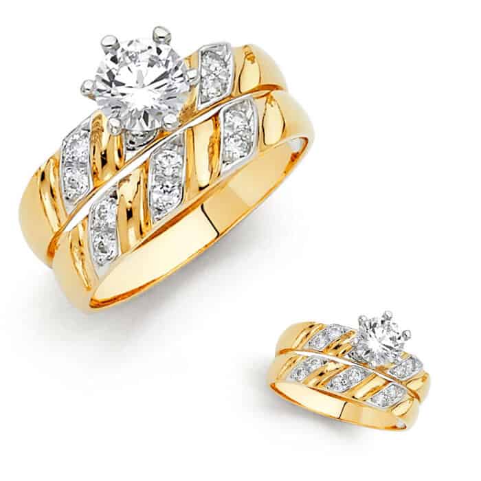 14K Two Tone Gold Cubic Zirconia Engagement Ring and Wedding Band Set - Image 3