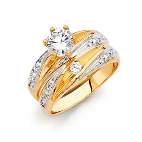 14K Two Tone Gold Cubic Zirconia Engagement Ring and Wedding Band Set