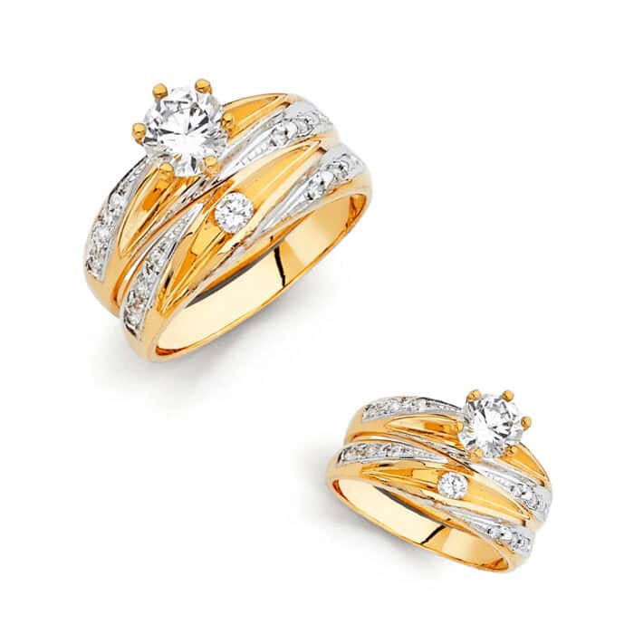 14K Two Tone Gold Cubic Zirconia Engagement Ring and Wedding Band Set - Image 3
