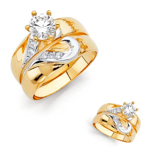 14K Two Tone Gold Cubic Zirconia Engagement Ring and Wedding Band Set - Image 3