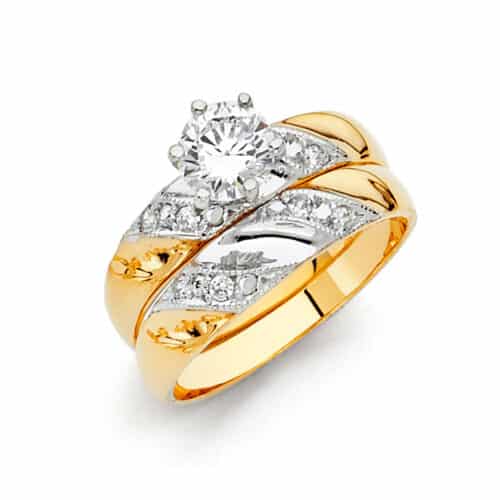 14K Two Tone Gold Cubic Zirconia Engagement Ring and Wedding Band Set