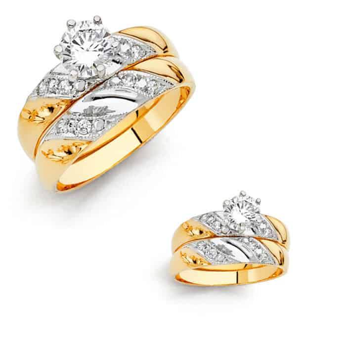 14K Two Tone Gold Cubic Zirconia Engagement Ring and Wedding Band Set - Image 3