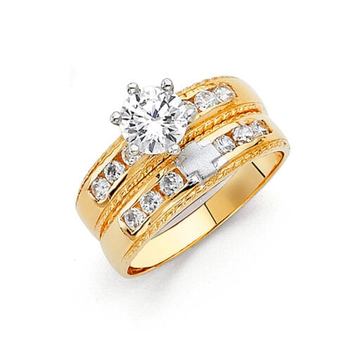 14K Two Tone Gold Cubic Zirconia Engagement Ring and Wedding Band Set