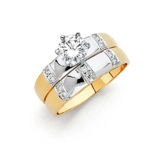 14K Two Tone Gold Cubic Zirconia Engagement Ring and Wedding Band Set