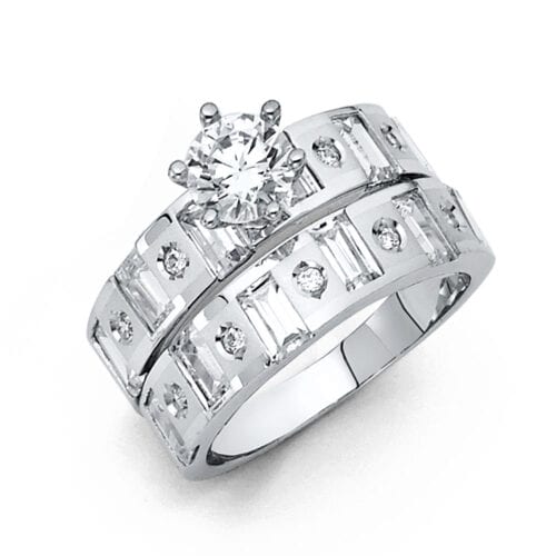 14K White Gold Cubic Zirconia Engagement Ring and Wedding Band Set