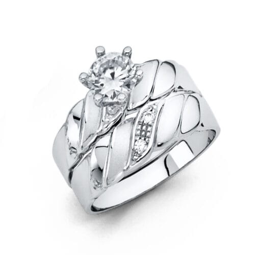 14K White Gold Cubic Zirconia Engagement Ring and Wedding Band Set