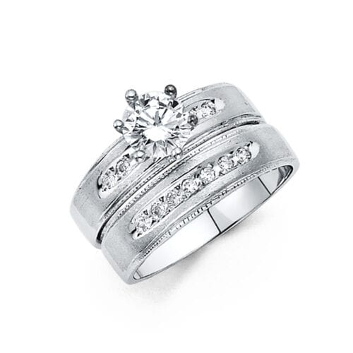 14K White Gold Cubic Zirconia Engagement Ring and Wedding Band Set