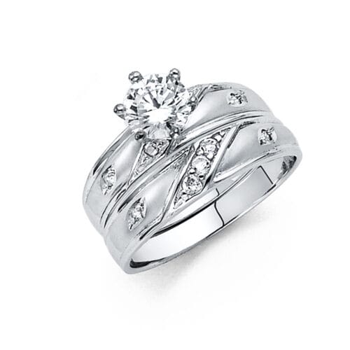 14K White Gold Cubic Zirconia Engagement Ring and Wedding Band Set