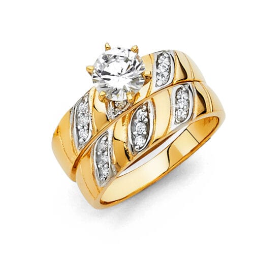 14K Two Tone Gold Cubic Zirconia Engagement Ring and Wedding Band Set