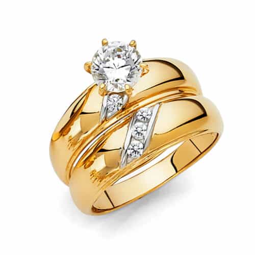 14K Yellow Gold Cubic Zirconia Engagement Ring and Wedding Band Set