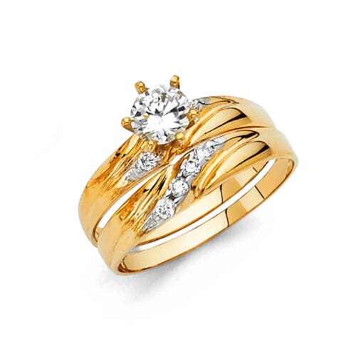 14K Yellow Gold Cubic Zirconia Engagement Ring and Wedding Band Set