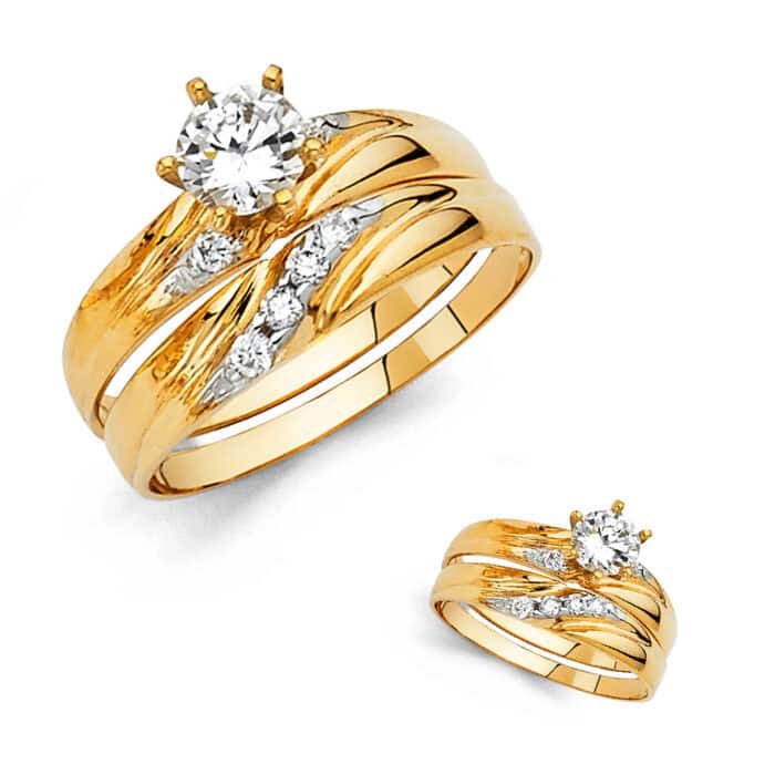 14K Yellow Gold Cubic Zirconia Engagement Ring and Wedding Band Set - Image 3