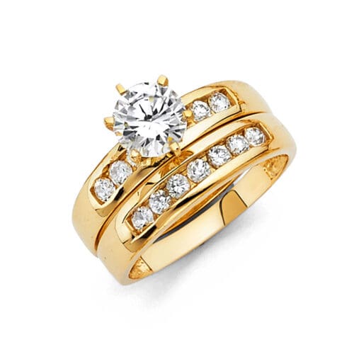 14K Yellow Gold Cubic Zirconia Engagement Ring and Wedding Band Set