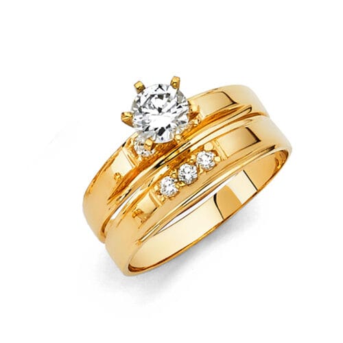14K Yellow Gold Cubic Zirconia Engagement Ring and Wedding Band Set
