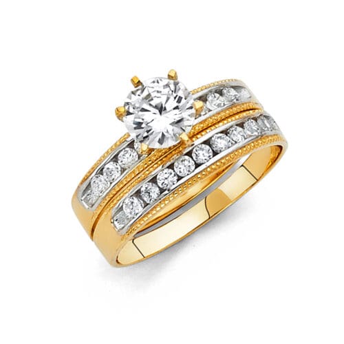 14K Two Tone Gold Cubic Zirconia Engagement Ring and Wedding Band Set