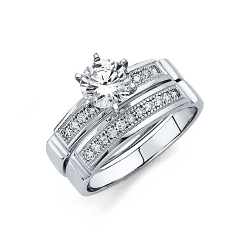 14K White Gold Cubic Zirconia Engagement Ring and Wedding Band Set