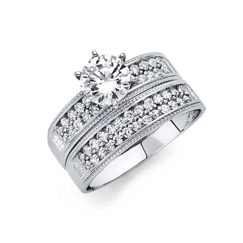 14K White Gold Cubic Zirconia Engagement Ring and Wedding Band Set