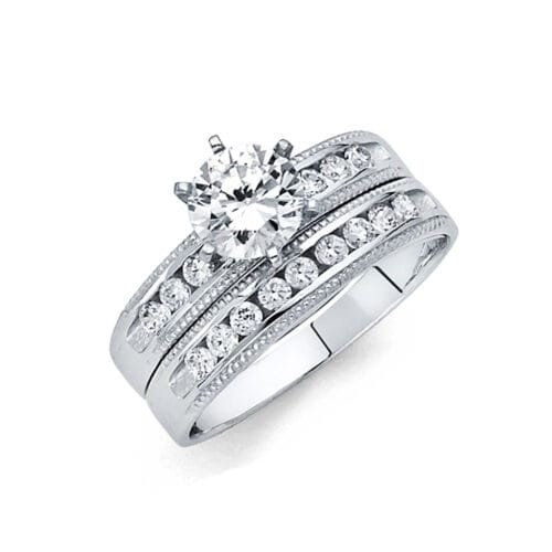 14K White Gold Cubic Zirconia Engagement Ring and Wedding Band Set