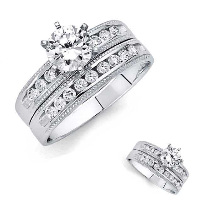 14K White Gold Cubic Zirconia Engagement Ring and Wedding Band Set - Image 3