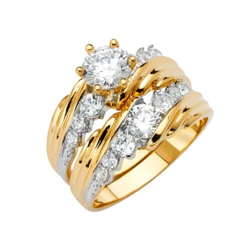 14K Yellow Gold Cubic Zirconia Engagement Ring and Wedding Band Set