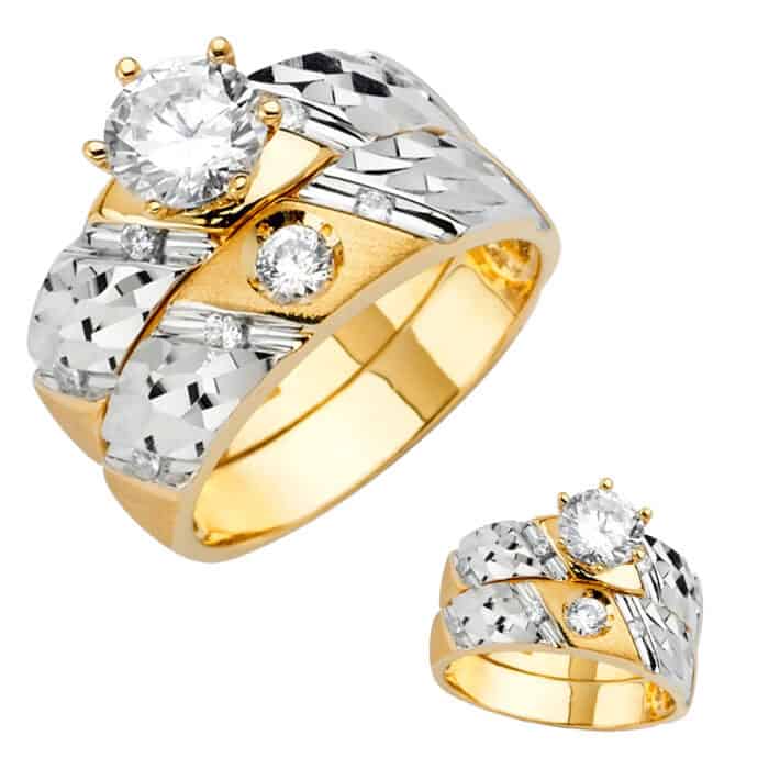 14K Two Tone Gold Cubic Zirconia Engagement Ring and Wedding Band Set - Image 3