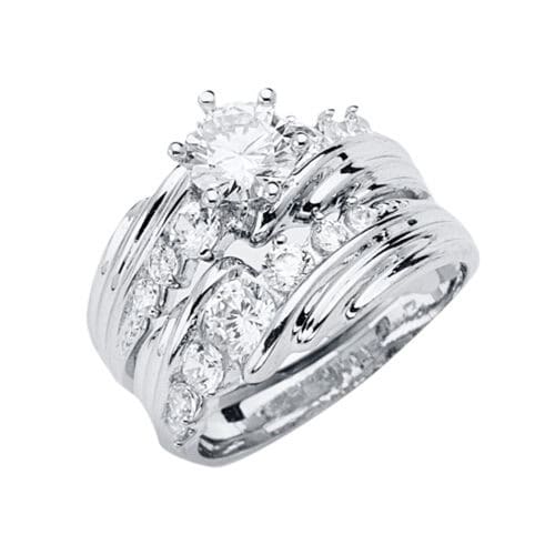 14K White Gold Cubic Zirconia Engagement Ring and Wedding Band Set