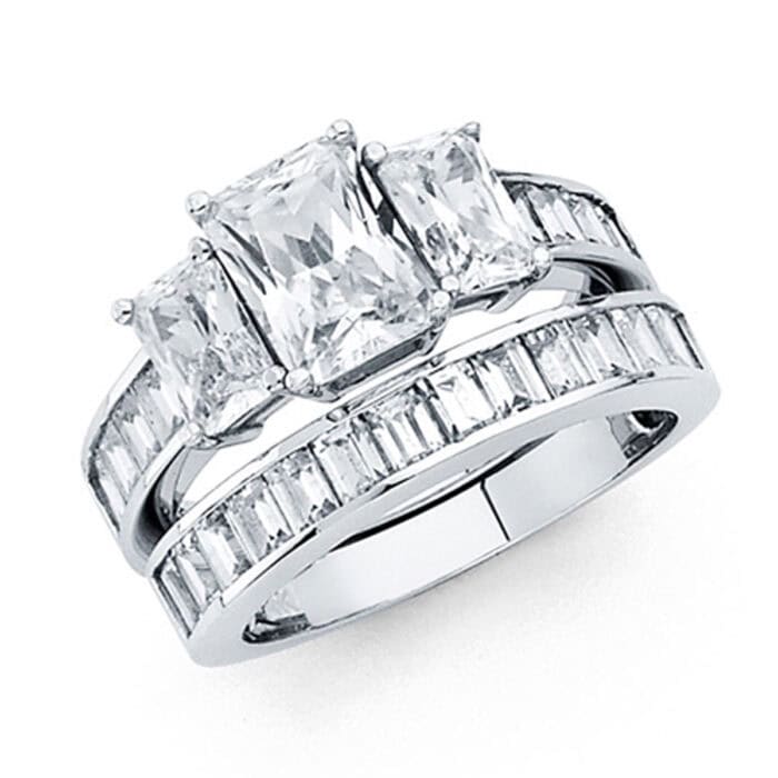 14K White Gold Cubic Zirconia Engagement Ring and Wedding Band Set
