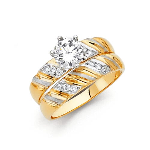 14K Two Tone Gold Cubic Zirconia Engagement Ring and Wedding Band Set
