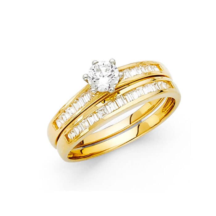 14K Yellow Gold Cubic Zirconia Engagement Ring and Wedding Band Set