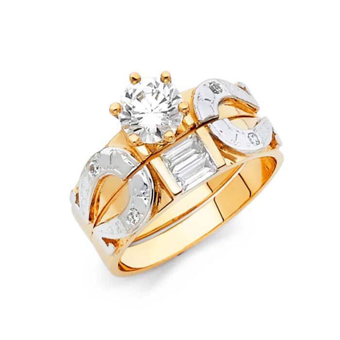 14K Two Tone Gold Cubic Zirconia Engagement Ring and Wedding Band Set