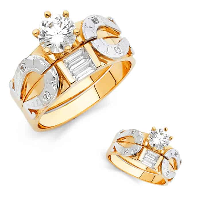 14K Two Tone Gold Cubic Zirconia Engagement Ring and Wedding Band Set - Image 3