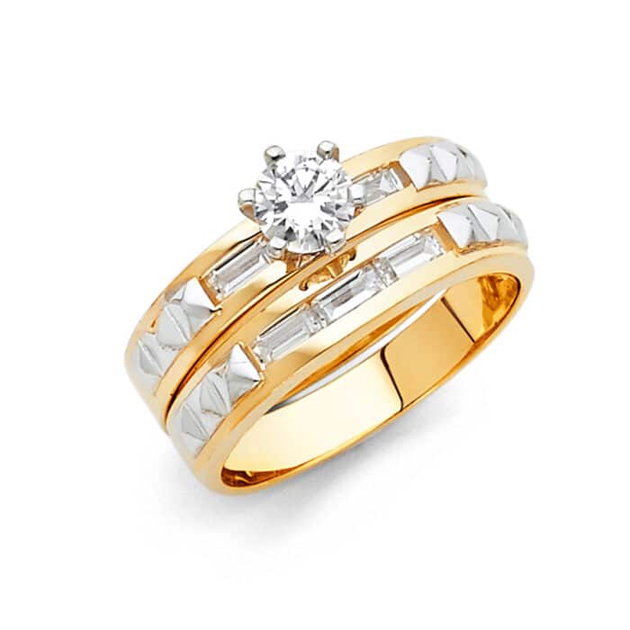 14K Two Tone Gold Cubic Zirconia Engagement Ring and Wedding Band Set