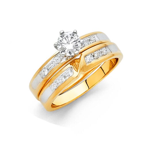 14K Yellow Gold Cubic Zirconia Engagement Ring and Wedding Band Set