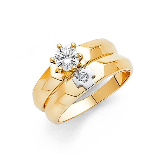 14K Yellow Gold Cubic Zirconia Engagement Ring and Wedding Band Set