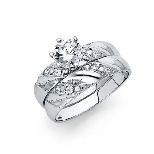 14K White Gold Cubic Zirconia Engagement Ring and Wedding Band Set