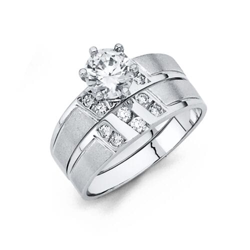 14K White Gold Cubic Zirconia Engagement Ring and Wedding Band Set