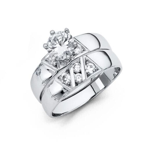 14K White Gold Cubic Zirconia Engagement Ring and Wedding Band Set