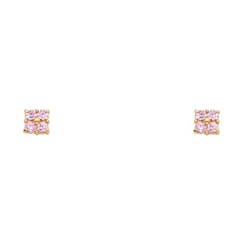 14K Yellow Gold Flower Pink Cubic Zirconia Stud Earrings w/Screw