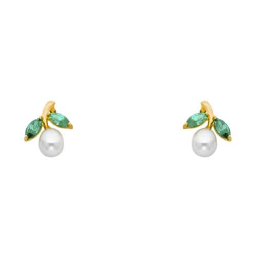 14K Yellow Gold Pearl+Green Cubic Zirconia Branch Stud Earrings w/Screw