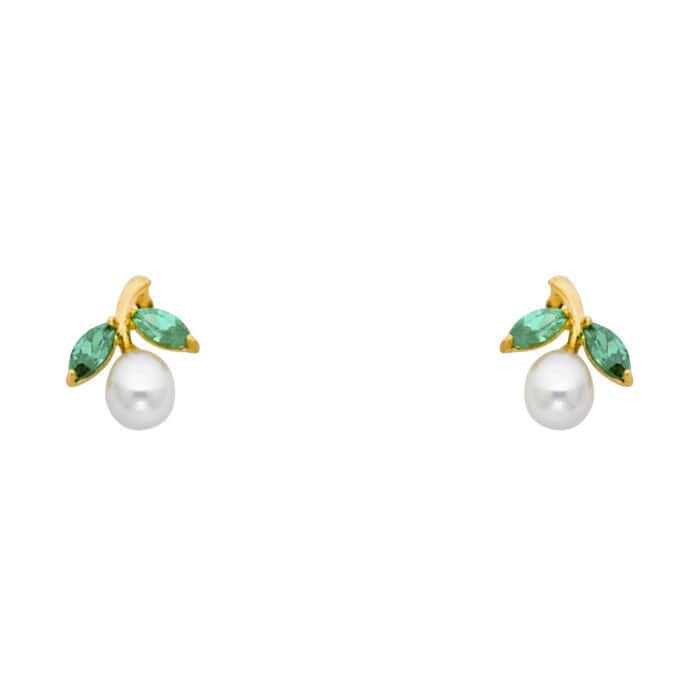 14K Yellow Gold Pearl+Green Cubic Zirconia Branch Stud Earrings w/Screw