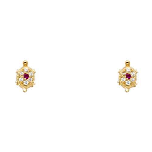 14K Yellow Gold Turtle Red Cubic Zirconia Stud Earrings w/Screw